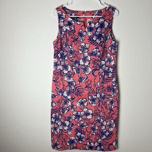 Talbots Womens Sz 8 Floral Sheath Dress Coral Pink Sleeveless Knee Length 228